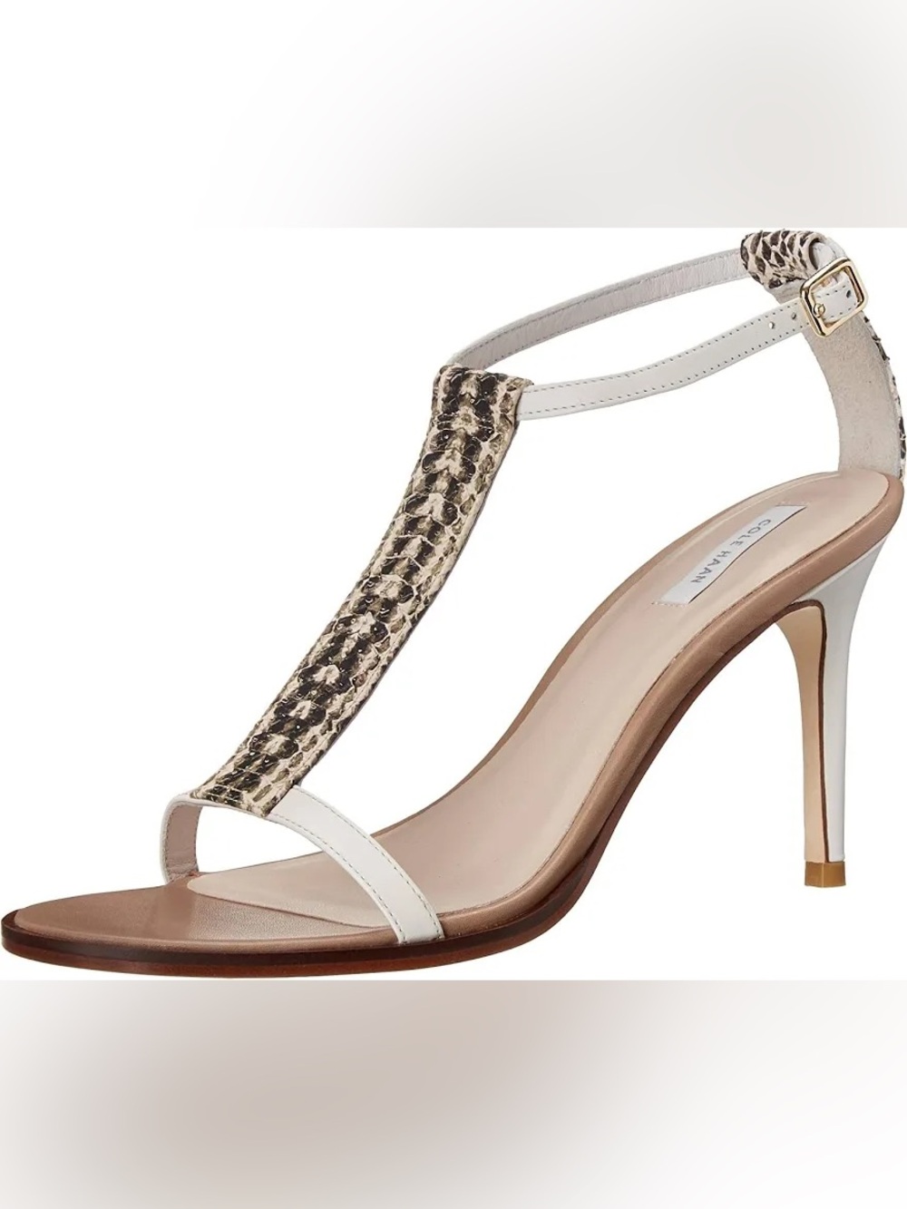 Cole Haan white leather with snake skin T-Strap Stiletto Sandal